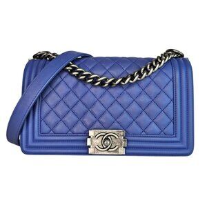 CHANEL Medium Boy Calfskin Blue Chain Shoulder Bag Leather Quilted CC